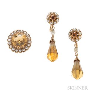 Antique Gold and Citrine Earrings and Pin