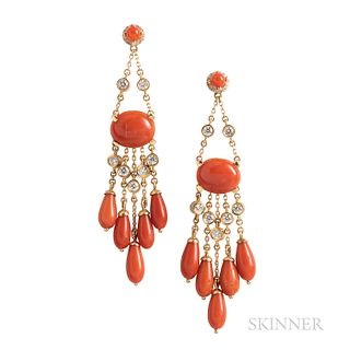 18kt Gold, Coral, and Diamond Earrings