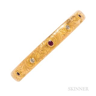 Art Nouveau 14kt Gold Gem-set Bangle Bracelet