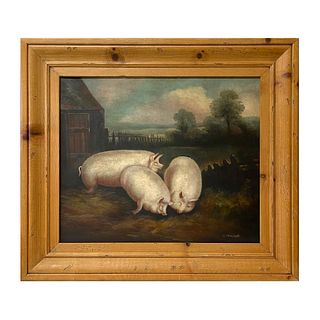 J. Mitchell English School Oil On Canvas Of Pigs