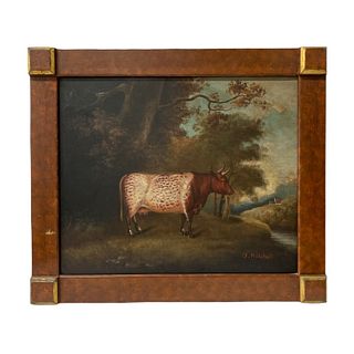 J. Mitchell English School Oil On Canvas Of Bull