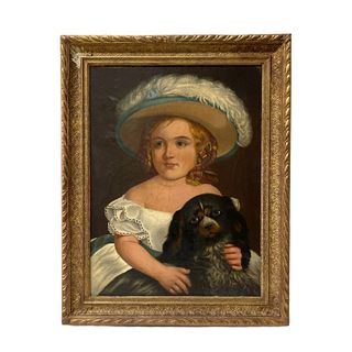 19th Century English School Oil Of Girl With Dog