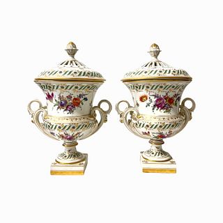 Pr German Dresden Porcelain Covered Urns