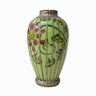 Vtg Japanese Celdadon Glaze Silver Overlay Vase