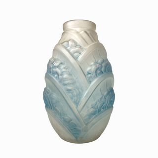 Vintage Frosted Clear & Blue Case Glass Vase