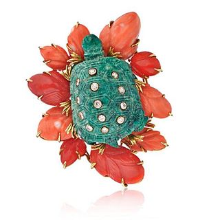 DAVID WEBB 18K YELLOW GOLD TURTLE ON A CORAL LILLY