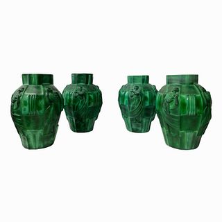 Set Of 4 Art Deco Bohemian Malachite Glass Vases