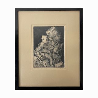 Unsigned Etching On Paper OF Mother And Child