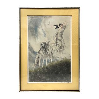 Louis Icart Color Lithograph Of Woman With Dogs