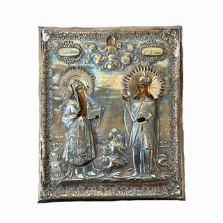 19th Century Russian Silver Overlay Religious Icon