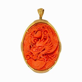 Vintage LARGE Chinese 14K Coral Dragon Pendant