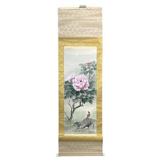Chinese Watercolor On Silk Of Birds Laid In Scroll