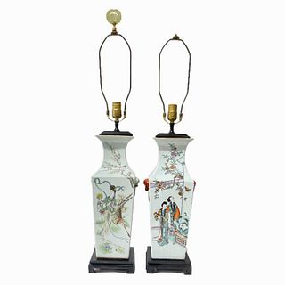 Pr Antique Chinese Famille Rose Square Vase Lamps