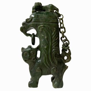 Large Chinese Spinach Jade Foo Lion Covered Vase