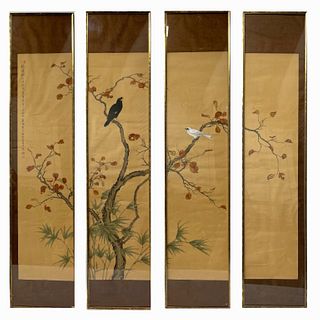 Chinese 4 Panel Watercolor On Silk Of Birds
