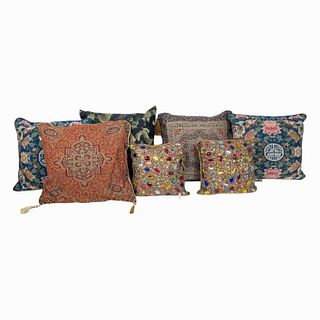 7 Indian Gold & Silver Thread Jeweled Pillows +