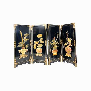 Chinese Stone Inlaid Black Lacquer Table Screen