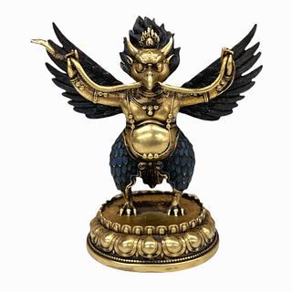 Chinese Tibetan Enameled Gilt Bronze Garuda Signed