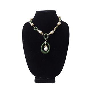 Vintage Estate Jade, Pearl And Diamond Necklace