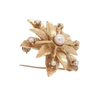 14K Genuine Seed Pearl Figural Flower Brooch Pin