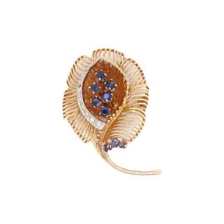 14K YG Diamond & Sapphire Wire Floral Brooch Pin