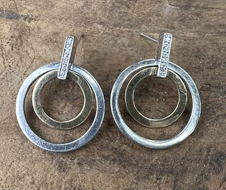 Pair of Silver, Gold, and Diamond Earrings