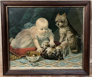 Early Lithograph Child and Dogs