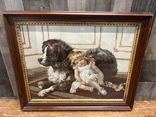 Early Lithograph of a Girl and Saint Bernard
