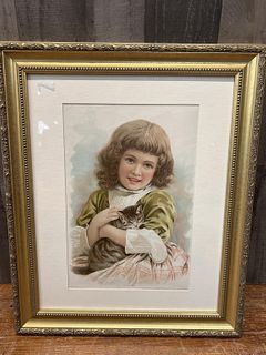 Early Lithograph of Girl and Cat