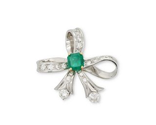 A Moboco emerald and diamond ribbon brooch