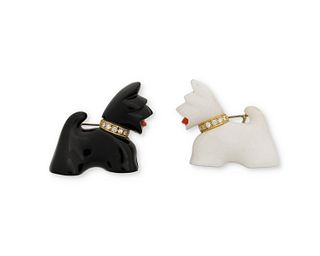 A pair of gemstone and diamond Scottish terrier brooches
