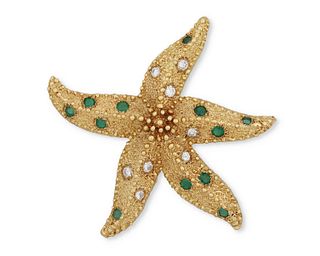 An emerald and diamond starfish pendant/brooch