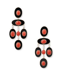 A pair of coral, onyx and diamond chandelier ear pendants