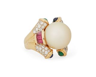 A South Sea cultured pearl, diamond and gemstone ring