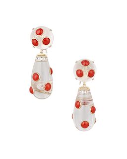 A pair of rock crystal and coral ear pendants