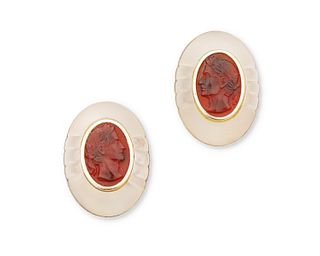 A pair of Trianon gemstone cameo earrings