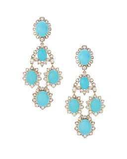 A pair of turquoise and diamond ear pendants