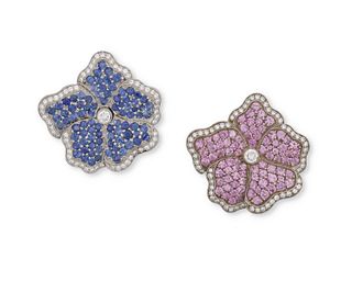 A pair of diamond and sapphire flower brooches