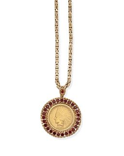 A simulated ruby and gold coin necklace