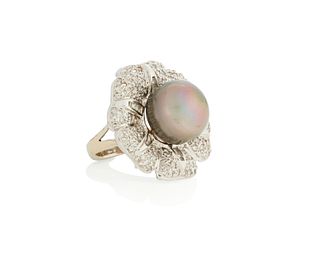 A Tahitian cultured pearl and diamond flower ring