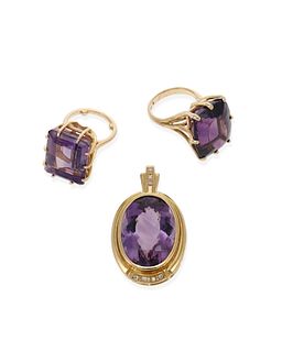 Three amethyst jewelry items