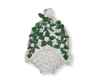 A jadeite and diamond flower basket brooch