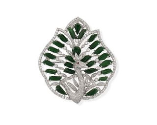 A jadeite and diamond peacock brooch
