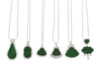 Six jadeite and diamond pendant necklaces