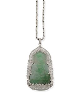 A jadeite and diamond Buddha pendant necklace