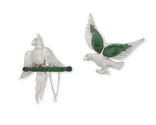 Two jadeite and diamond bird brooches