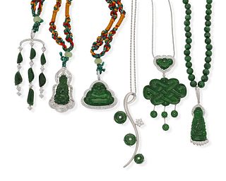 Six jadeite and diamond pendants