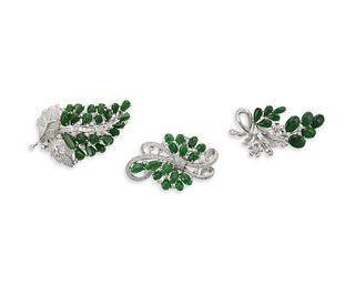 Three jadeite and diamond foliate brooches