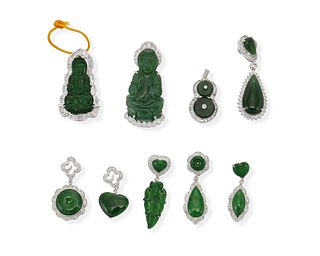 Nine jadeite and diamond pendants
