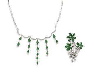 Two jadeite and diamond jewelry items